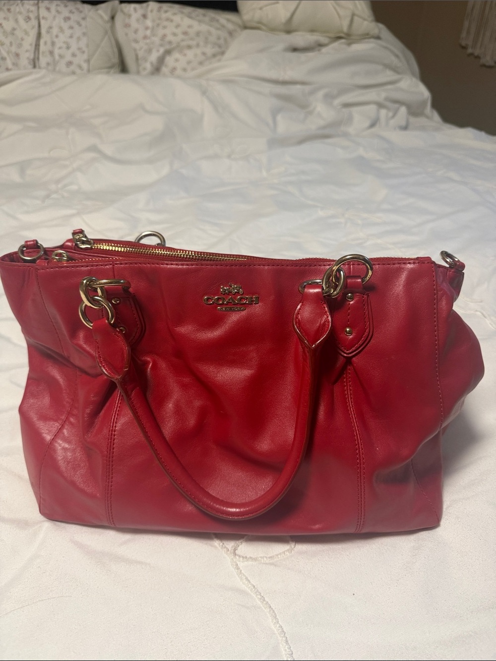 Vintage Coach Red Leather Shoulder Satchel with Gold Hardware